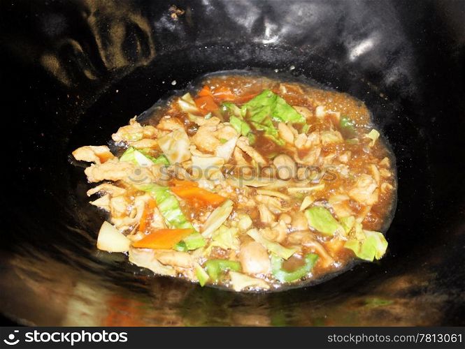 Chinese Restaurant Chicken Dish Cooking in Black Wok