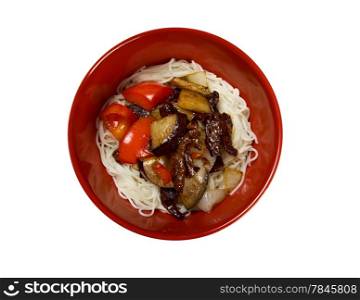 Chinese rice noodles with veal,eggplants. chinese cuisine