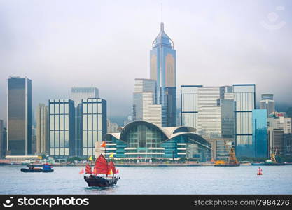 Chinese sailboat in front of Hong Kong dowtown