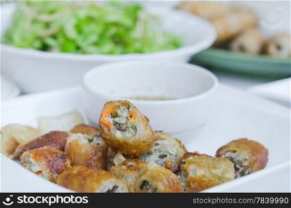 Chinese spring rolls on plate served with sweet sauce