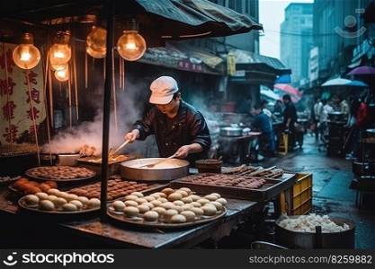 Chinese street food scene, featuring popular snacks like scallion pancakes, steamed baozi, skewers of grilled meat in vibrant, urban setting. Generative AI