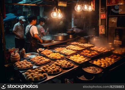 Chinese street food scene, featuring popular snacks like scallion pancakes, steamed baozi, skewers of grilled meat in vibrant, urban setting. Generative AI