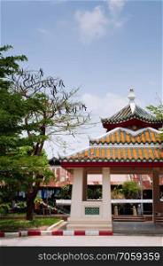 Chinese style pavilion at Wat Ratchaorotsaram temple Bangkok, Royal temple in Thonburi district.