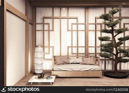Chinese style Room wooden interior with wooden floor on wall paper and decoration. 3D rendering