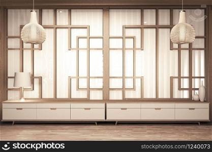 Chinese style Room wooden interior with wooden floor on wall paper and decoration. 3D rendering
