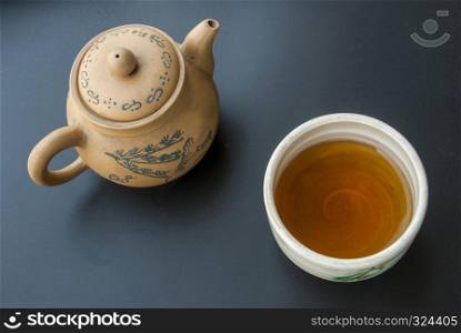 Chinese tea and Chinese teapots are placed on a black table. To relax