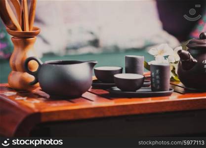 Chinese tea ceremony - close up traditional crockery. Chinese tea ceremony