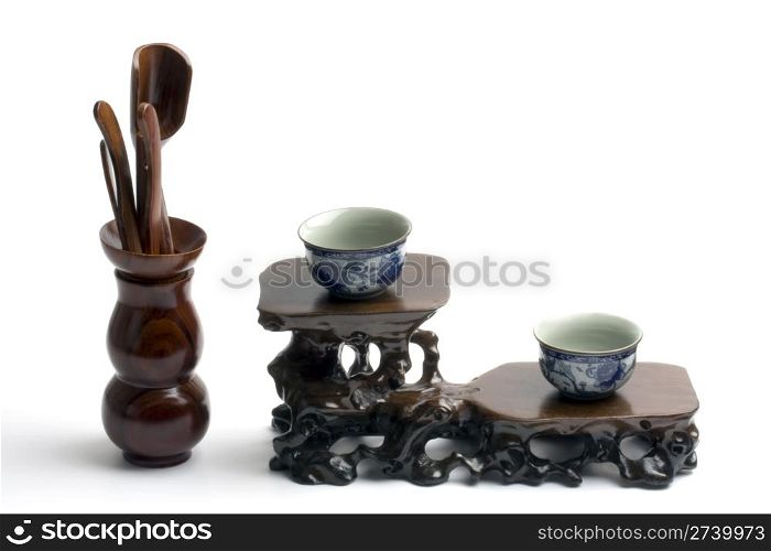 Chinese tea set and tools isolated on white