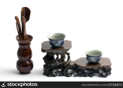 Chinese tea set and tools isolated on white