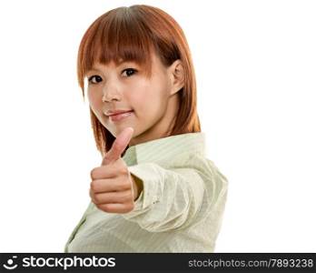 Chinese woman giving thumbs up sign