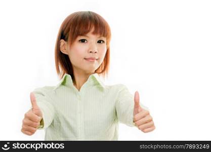 Chinese woman giving thumbs up sign