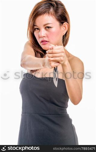 Chinese woman in a black dress holding a knife in stabbing pose