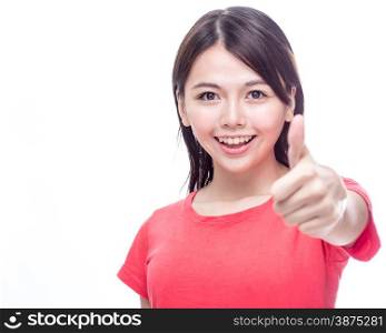 Chinese woman in red top with thumbs-up gesture