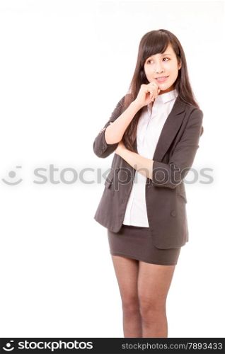 Chinese woman in suit thinking on isolated white