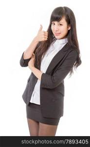 Chinese woman in suit with thumbs up