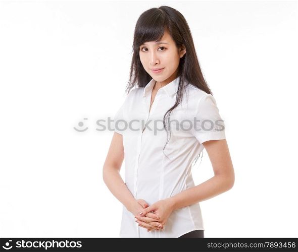 Chinese woman in white shirt and hands clasped looking at camera
