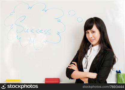 Chinese woman standing by whiteboard
