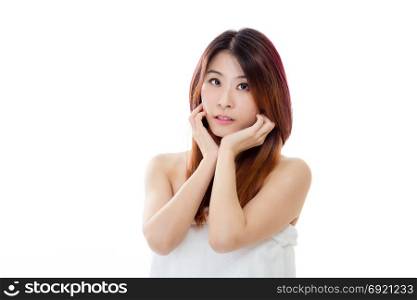 Chinese woman wearing a white towel isolated, beauty concept