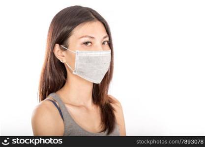 Chinese woman wearing surgical mask with white background