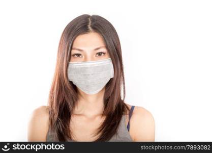 Chinese woman wearing surgical mask with white background