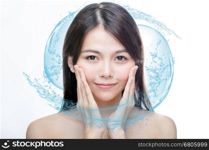 Chinese woman with blue water splash. skincare concept