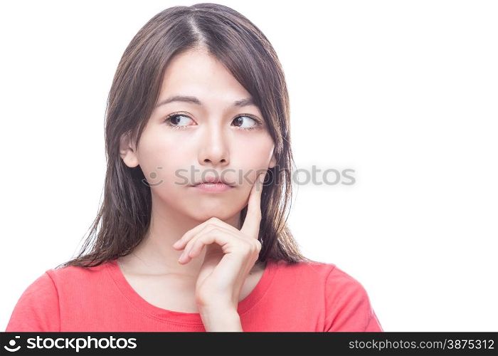 Chinese woman with hand on face looking to side, thinking
