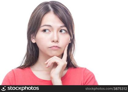 Chinese woman with hand on face looking to side, thinking