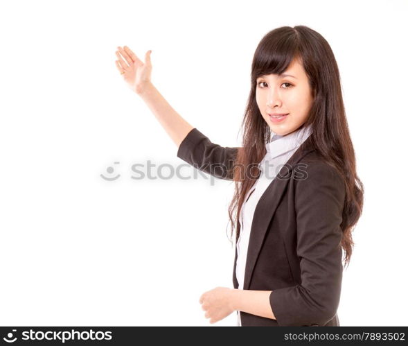 Chinese woman with hand out showing space for sign or product