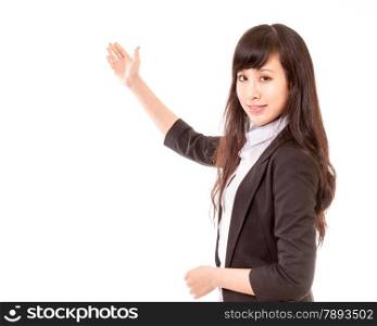 Chinese woman with hand out showing space for sign or product