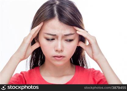 Chinese woman with headache, putting hands on temples