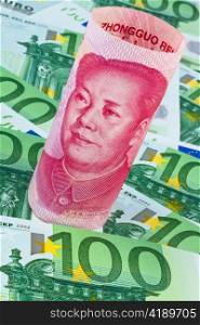 chinese yuan banknotes and euro banknotes money. different currencies