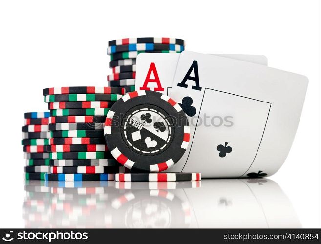 chips and two aces isolated on a white background