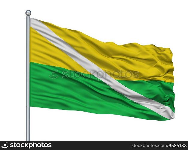 Chiriguana City Flag On Flagpole, Country Colombia, Cesar Department, Isolated On White Background. Chiriguana City Flag On Flagpole, Colombia, Cesar Department, Isolated On White Background
