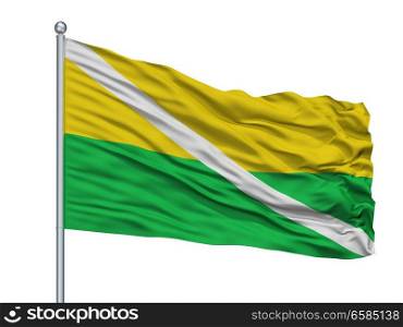 Chiriguana City Flag On Flagpole, Country Colombia, Cesar Department, Isolated On White Background. Chiriguana City Flag On Flagpole, Colombia, Cesar Department, Isolated On White Background