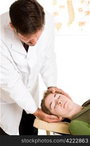 Chiropractor doing an adjustment on a patient&rsquo;s cervical spine. Designed to offer headache relief.