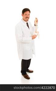 Chiropractor holding model of a human spine. Full body isolated on white.
