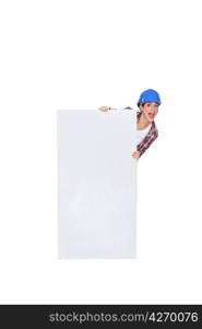 Chirpy female poster stood with blank panel