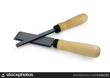 chisels with wooden handles isolated on white