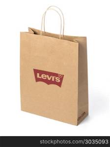 Chisinau, Moldova April, 12, 2018:Paper bag isolated on white Levi&rsquo;s Jeans with Company Logo with clipping path,. Paper bag isolated on white
