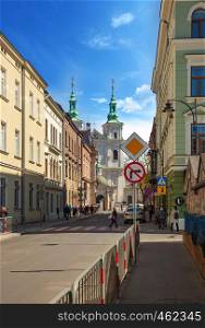 CHISINAU, MOLDOVA - APRIL 19, 2019: Street view of the St. Florian's Church in Krakow, Poland