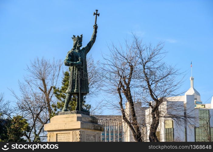 Chisinau, Moldova - March 16, 2020: statue of Stefan cel Mare AKA Stephen III the Great of Moldavia 1433-1504 at park entrance in the center of city. Statue of Stefan cel Mare AKA Stephen III the Great of Moldavia in Chisinau, Moldova