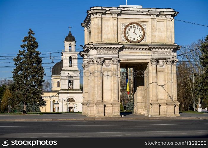 Chisinau, Moldova - March 16, 2020: The Triumphal Archc at The Great National Assembly Square in the center of the city. The Triumphal Archc at The Great National Assembly Square in Chisinau, Moldova