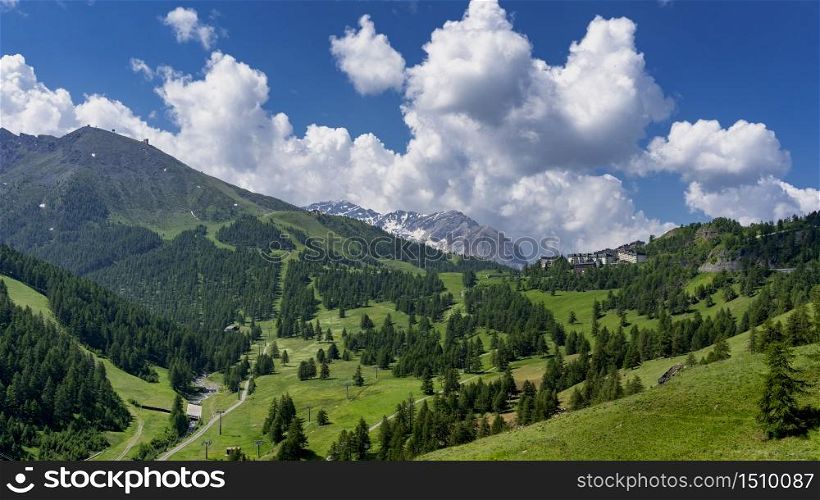 Chisone valley: mountiain landscape along the road to Sestriere, Turin, Piedmont, Italy, at summer