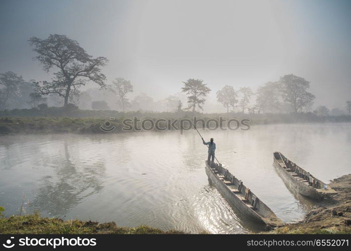 Chitwan Reserve in Nepal. Canoe for traveling through the river through the jungle