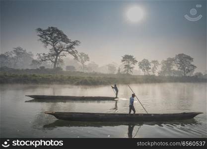 Chitwan Reserve in Nepal. Canoe for traveling through the river through the jungle