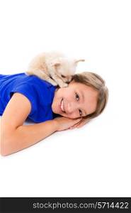chiuahua puppy dog and kid girl happy together relaxed lying on white background
