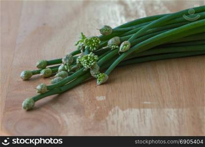 Chives flower or Chinese Chive vegetable on wooden