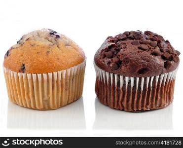 chocolate and blueberry muffins on white background