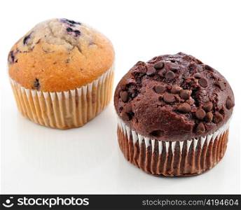 chocolate and blueberry muffins on white background