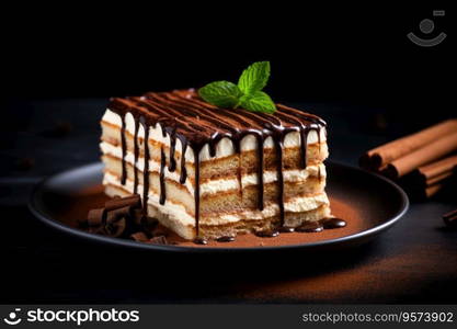 Chocolate and coffee cake in glaze with mint leaves. Chocolate and coffee cake in glaze